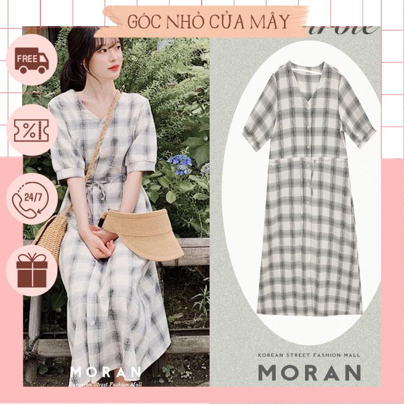 (HÀNG ORDER) Váy MORAN kẻ sọc caro thắt eo xòe dài nhẹ nhàng vintage Hàn Quốc nữ tính GNCM3