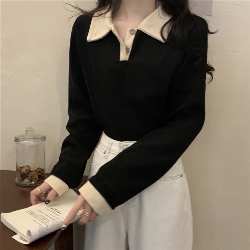 COZOK Áo polo Tay Dài Dáng Rộng Phối Màu Tương Phản Cá Tính