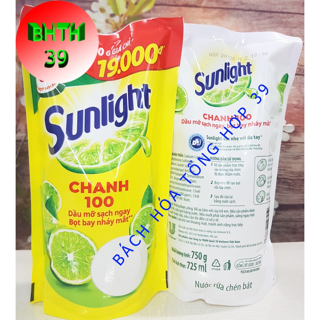 (Hàng đẹp - chính hãng) Nước rửa chén sunlight chanh túi 750g