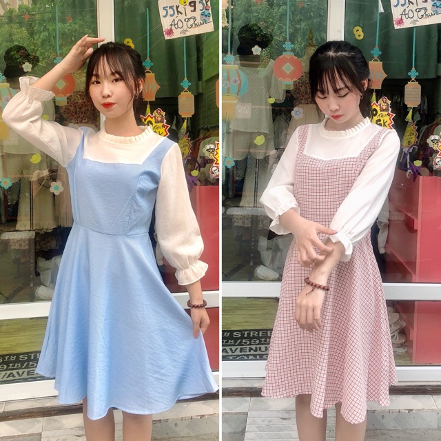 Đầm basic xoè caro phối tay trắng tiểu thư