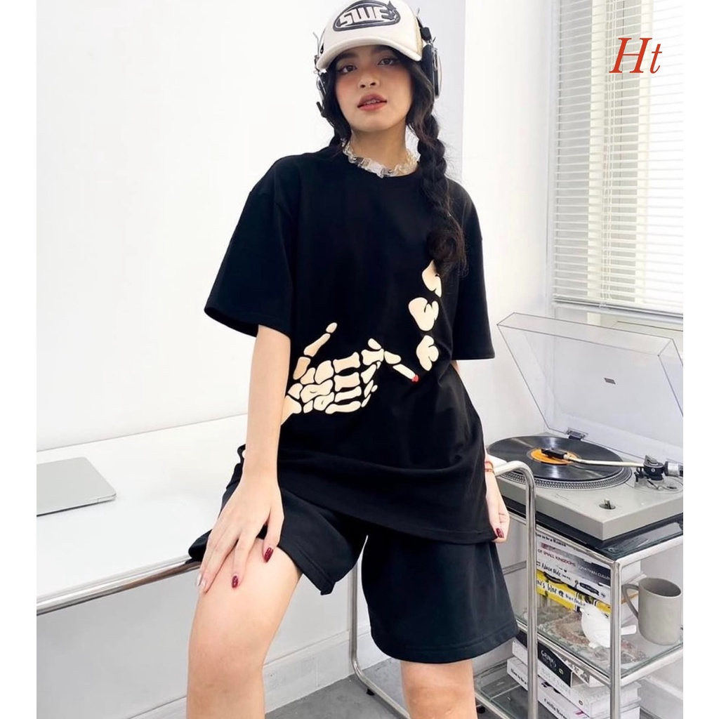 Áo Thun Tay Lỡ Bàn Tay Xương Smoker BIGOMALL - Áo Phông Nam Nữ Unisex Freesize Form Rộng 65kg Chất Cotton