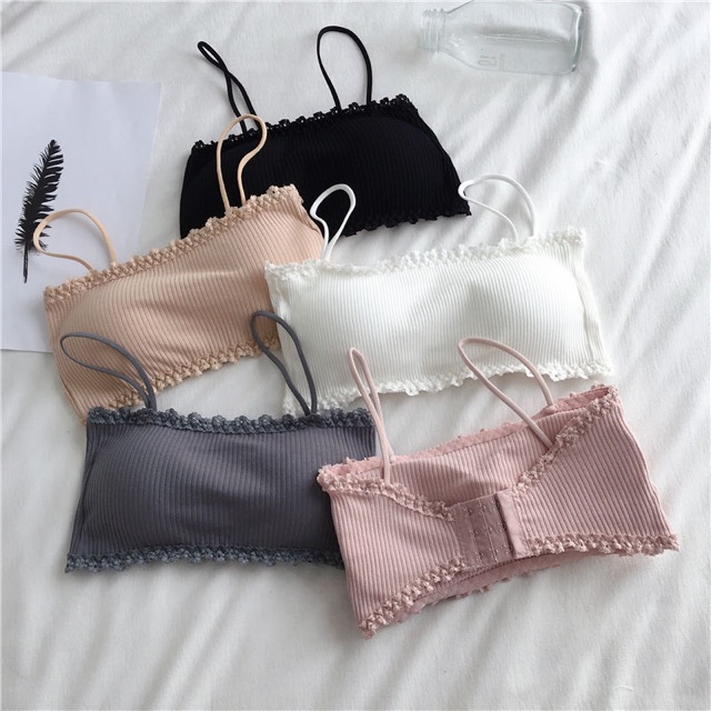 Bra gân cotton viền ren cài sau có đệm mút MS200