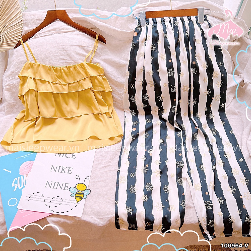 Bộ Đồ Ngủ Pyjama MAI SLEEPWEAR Lụa Mặc Nhà Áo Dây Tầng Quần Dài Họa Tiết Trẻ Trung Cao Cấp MS964