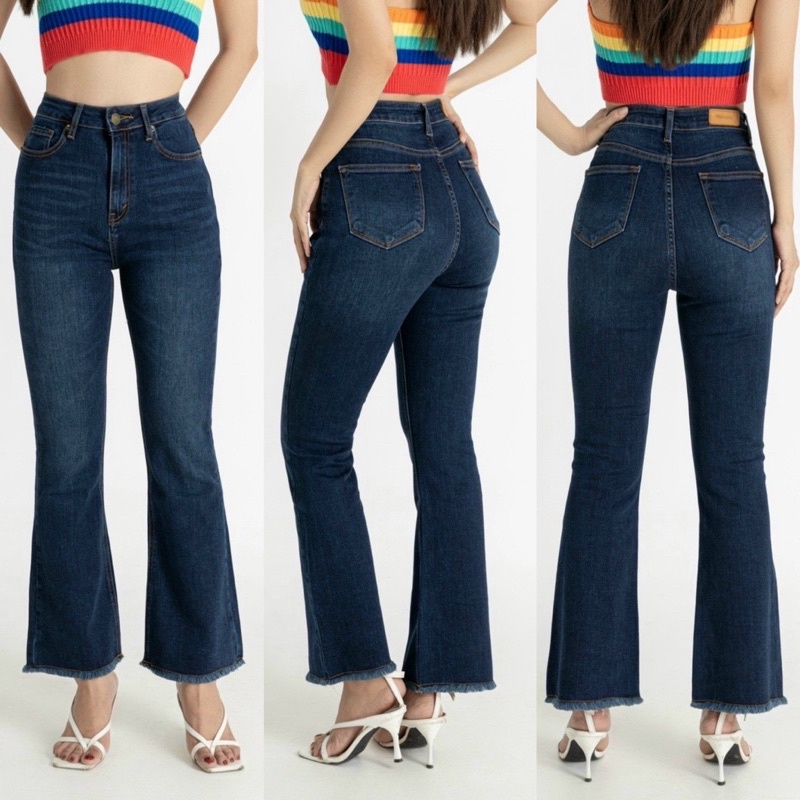 Quần jean nữ ống loe tua lai dài 91-93cm, Jean mềm mịn và co giãn mạnh