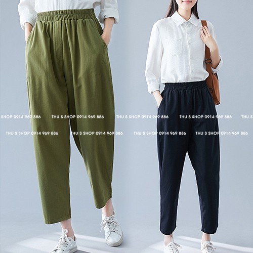 Quần baggy nữ chất đũi mát dáng dài, lưng chun cao, form rộng nhiều màu THUS | BigBuy360 - bigbuy360.vn
