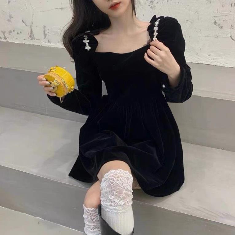 Váy nhung đỏ VAYO Đầm xòe cổ vuông tay phồng dài nữ đẹp thời trang dễ thương mặc đi chơi noel tết dự tiệc | BigBuy360 - bigbuy360.vn