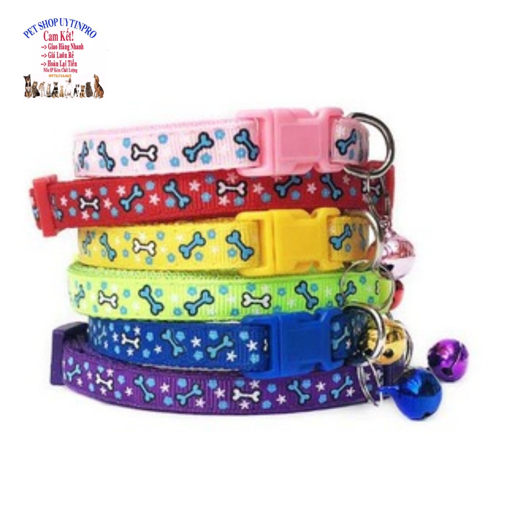 Vòng cổ kèm chuông cho Chó Mèo dưới 5kg Bản rộng 1cm In hình khúc xương và ngôi sao Chất liệu dù chắc chắn, An toàn