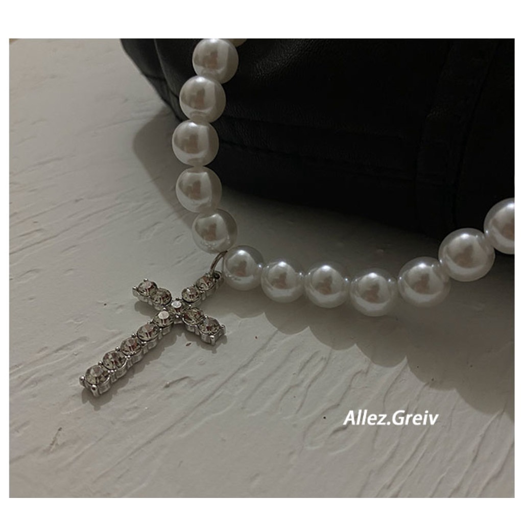 Vòng cổ Chuỗi Ngọc Trai Mặt Thánh Giá Phong Cách hip hop Đường Phố Mới