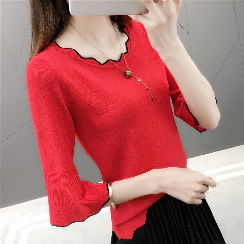 Áo Thun Nữ Tay Dài Viền Lượn Sóng Ống Tay Rộng