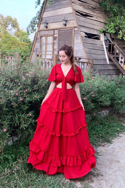 📛 [Ảnh thật] Sét áo cánh tiên phối chân váy maxi viền bèo đỏ hottrend , váy đi biển du lịch | BigBuy360 - bigbuy360.vn