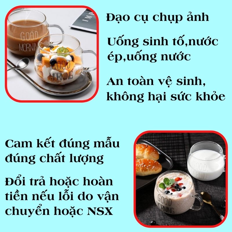 Ly thủy tinh trong suốt có in chữ GOODMORNING.Cốc thủy tinh 350ml dùng để uống nước/trà/cafe/sữa.