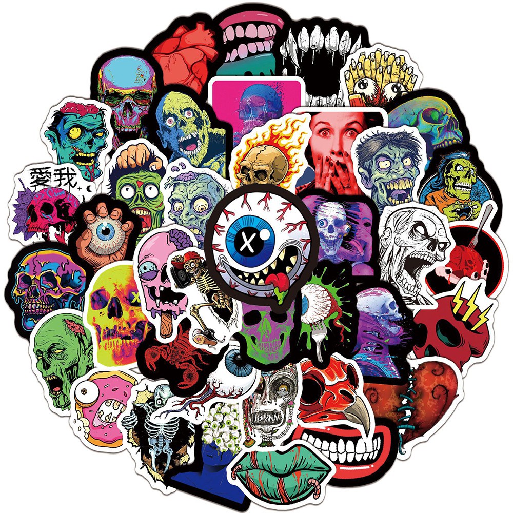 Set 50/ 25/ 10 miếng dán trang trí hình đầu lâu Zombie kinh dị