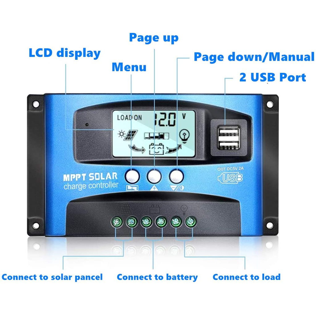 MPPT 100A 12V / 24V Tự động theo dõi lấy nét bảng điều khiển năng lượng mặt trời Bộ điều chỉnh sạc với cổng USB kép, màn hình LCD, Model: Wanderer BL912 (Xanh lam)