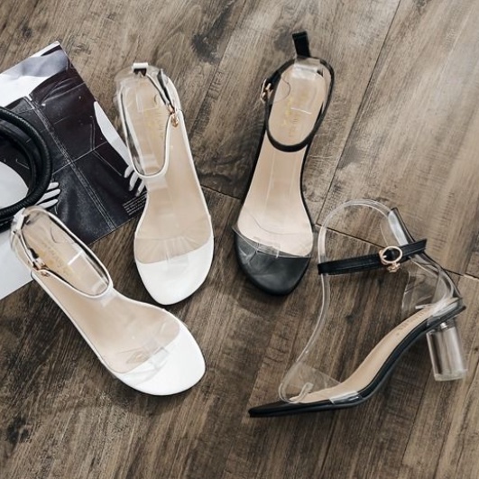 Giày Sandal Cao Gót Mũi Tròn Quai Trong Suốt Phối Khóa Gài Thời Trang Nữ Sang Trọng