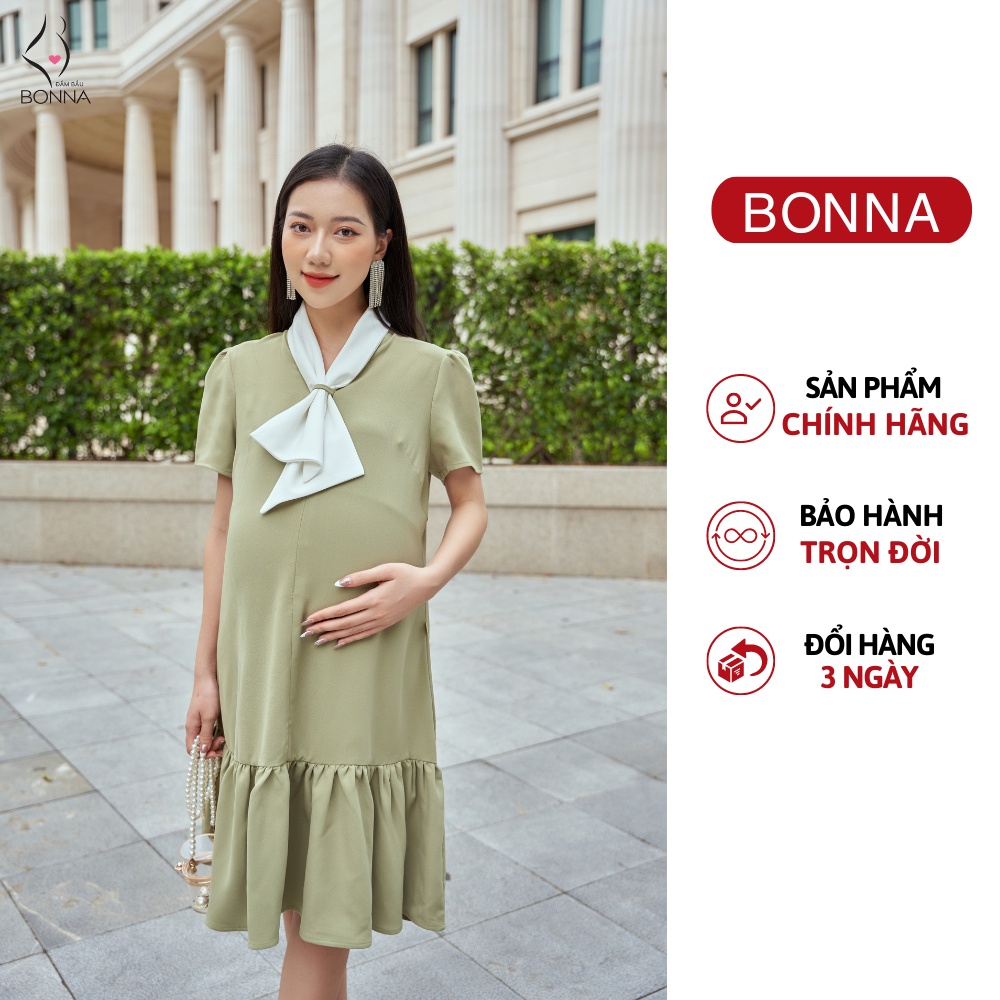Đầm bầu công sở BONNA dáng suông thanh lịch, phối nơ cổ nữ tính, gam màu xanh nhẹ mát, chất liệu tuytsi cao cấp VS212