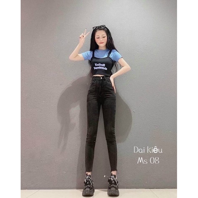 Quần jeans co giãn cạp cao túi vuông