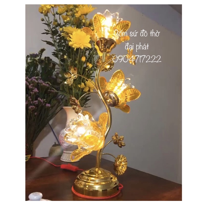 Đèn thờ hoa sen bông thủy tinh ánh sáng vàng, đèn thờ thủy tinh ba bông