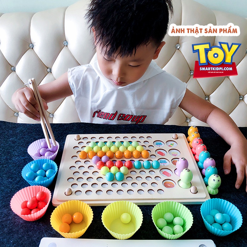 Bộ Gắp hạt Gỗ 3 trong 1, kèm Bát đẹp, Câu và Lật hình trí nhớ