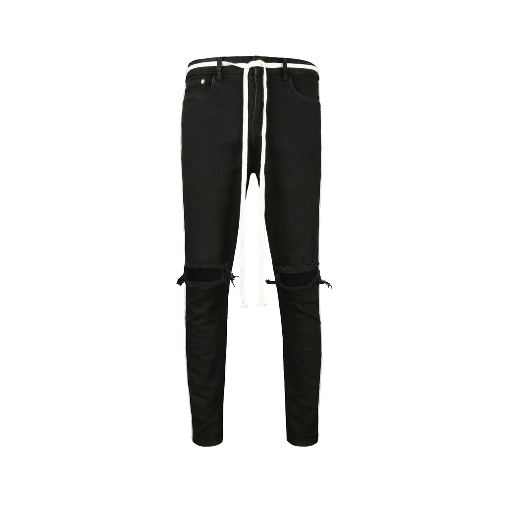Quần Skinny Jeans Nam-Màu Đen-Rách Gối-1 Sọc Trắng-Chất Liệu Cotton Co Giãn-Ống Đứng Dáng-Ống Ôm Chân Chuẩn Skinny