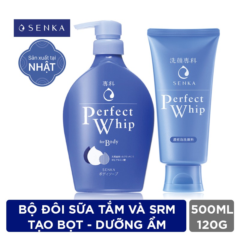 Bộ đôi Senka Perfect Whip: sữa tắm dưỡng ẩm 500ml và sửa rửa mặt tạo bọt dưỡng ẩm chiết xuất tơ tằm 120g