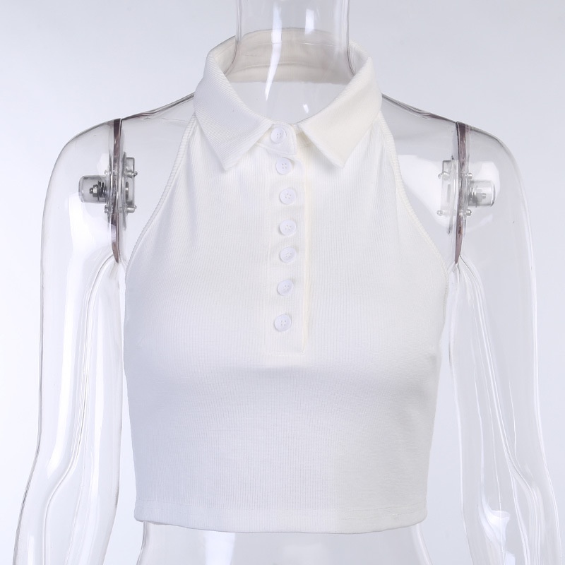 Áo Crop Cổ Polo Hàng Nút Không Tay,[AdorablexBeautiful] Top Cổ Lọ Thun Gân Ảnh Thật