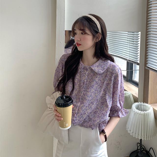 Áo sơ mi voan tay ngắn cố áo búp bê họa tiết hoa thời trang mùa hè dành cho nữ