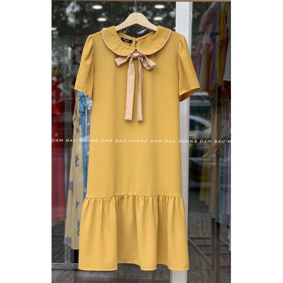 [HANNA] Đầm bầu công sở đũi mát mùa hè mềm không nhăn có size 80kg đuôi cá cổ lá sen dễ thương dài qua gối có túi