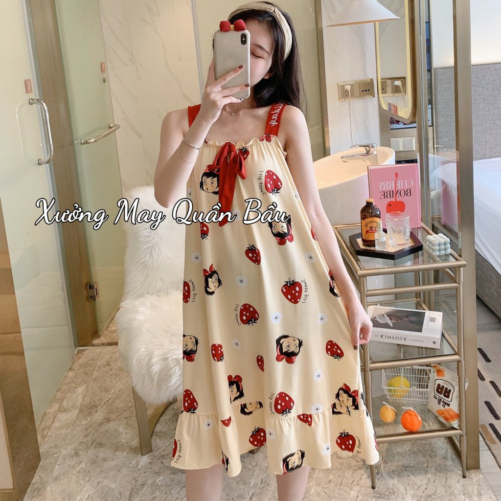 Váy Ngủ 2 dây chất thun sữa mềm mát mặc hè - Bầu bí bon chen V284