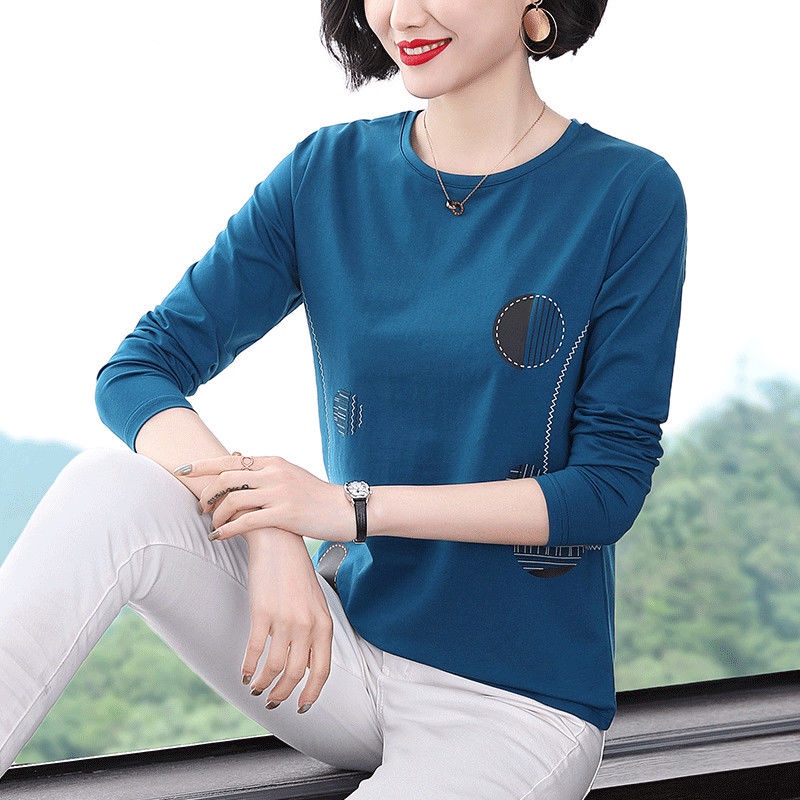 Áo thun tay dài cổ tròn in họa tiết thời trang cho phụ nữ trung niên