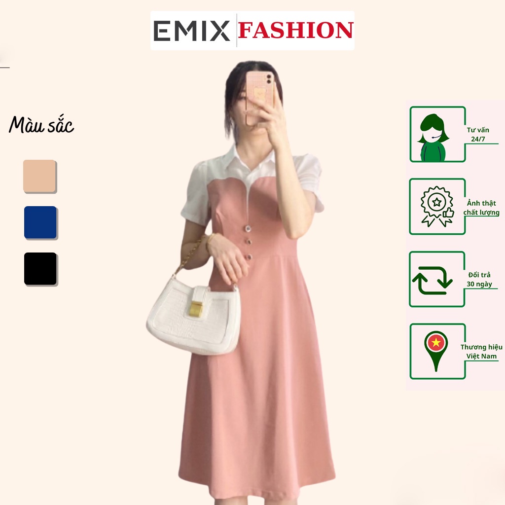 Váy công sở nữ xòe màu phối sơ mi EMIX (2 màu), dáng dài, chữ A, cộc tay, vải chéo nhật, mềm mại, không lộ