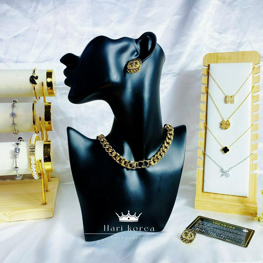 Sét trang sức CD dạng xích, vòng cổ &amp; bông tai hãng cao cấp, phụ kiện trang sức Hari korea accessories