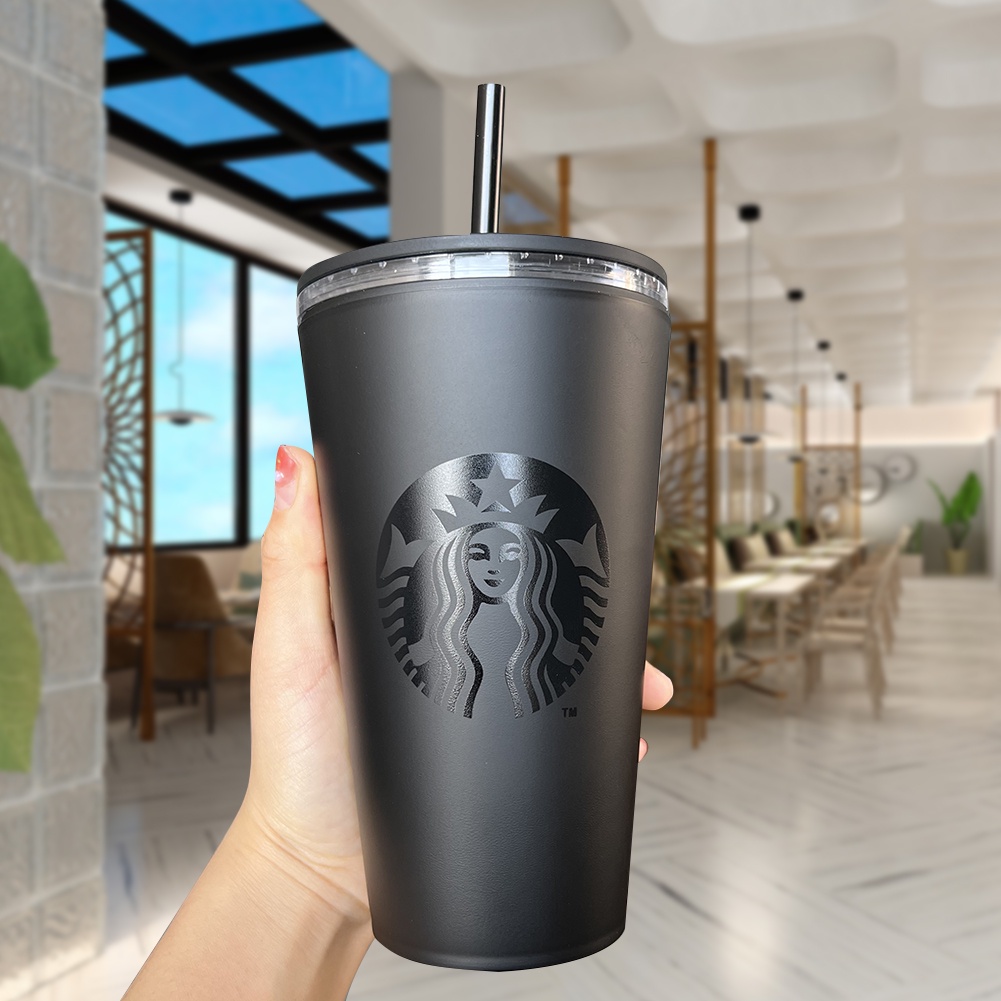 473Ml/710Ml 2 Lớp Mờ Đen Starbucks Ly Nhựa Có Nhựa Ống Hút