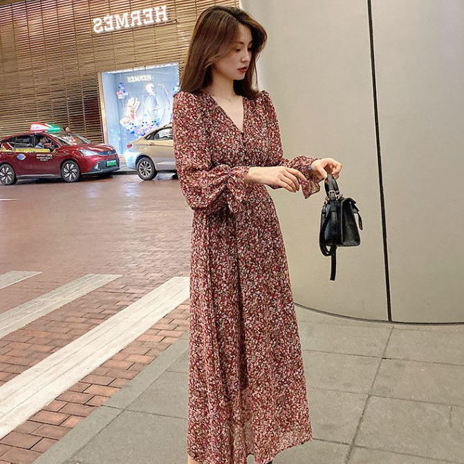 Đầm hoa BH tay dài cổ chữ V phong cách Hàn Quốc thời trang dành cho nữ