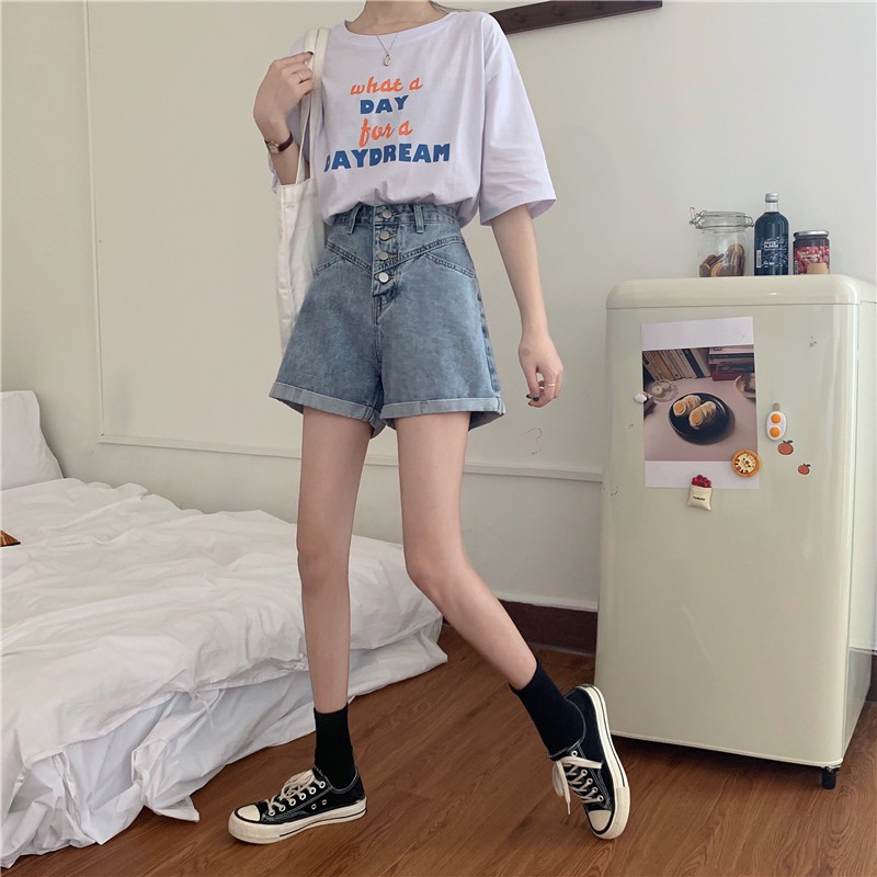 Xiaozhainv Quần short denim eo cao ống rộng phong cách Hàn Quốc | BigBuy360 - bigbuy360.vn