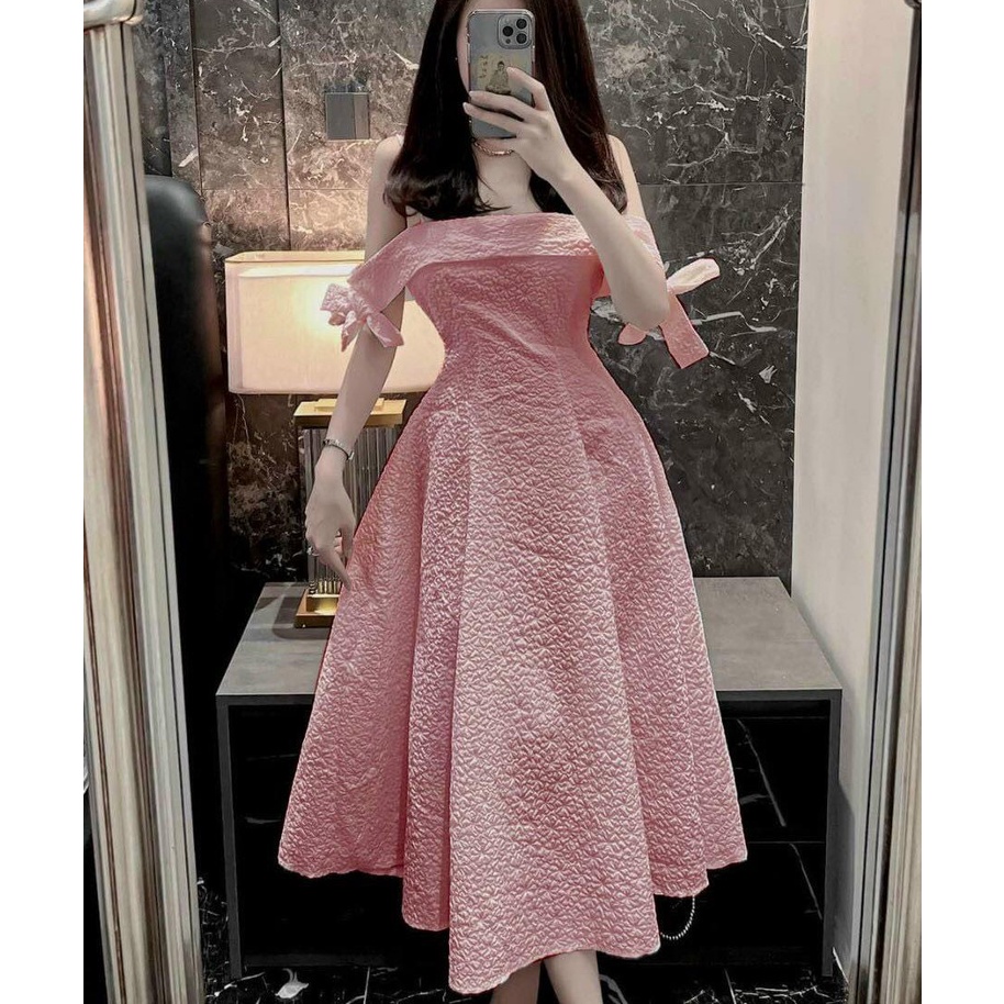Đầm Váy Nữ Dáng Xoè Chất Xốp Nhật 2 Dây Tay Rớt Vai Nơ  Thiết Kế Sang Chảnh Đi Dạ Hội, Đi Tiệc