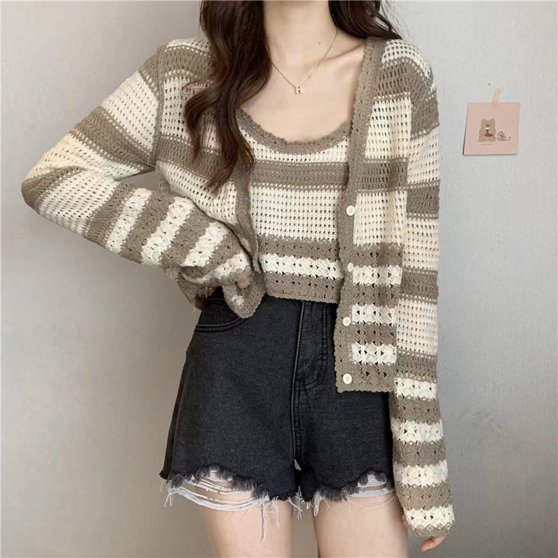 Set áo cardigan kẻ len mongtoghi phong cách Quảng Châu chất đẹp cực xinh ST04