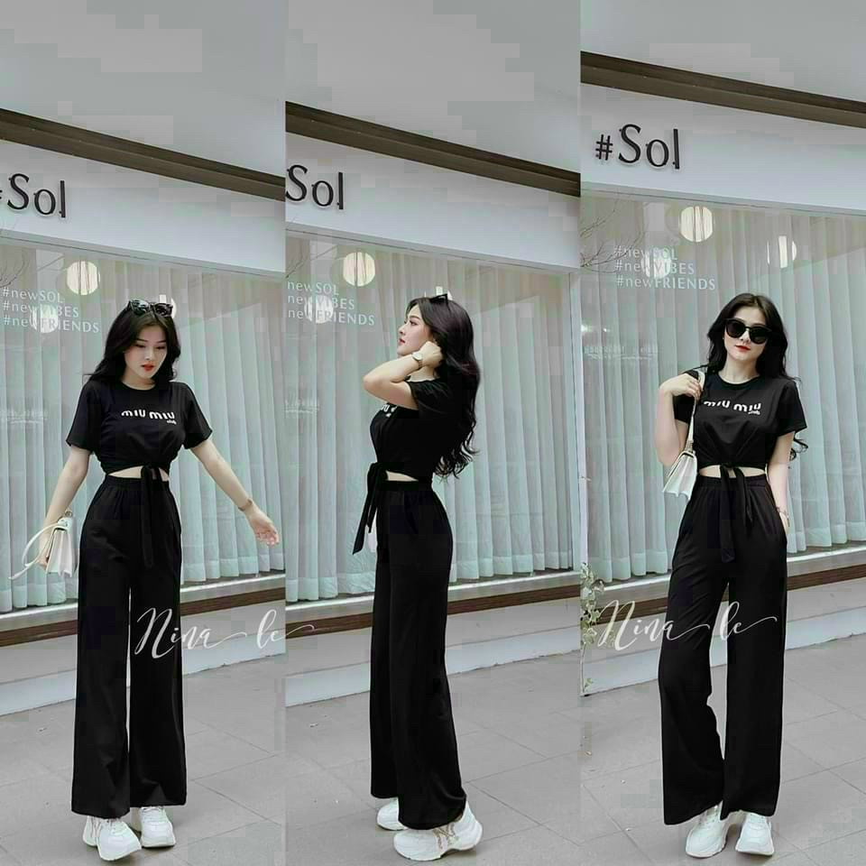 (Mẫu mới 2022_Freeship)Bộ thun cotton áo from croptop cột nơ mix quần ống rộng có túi,hàng loại 1 lên from chuẩn