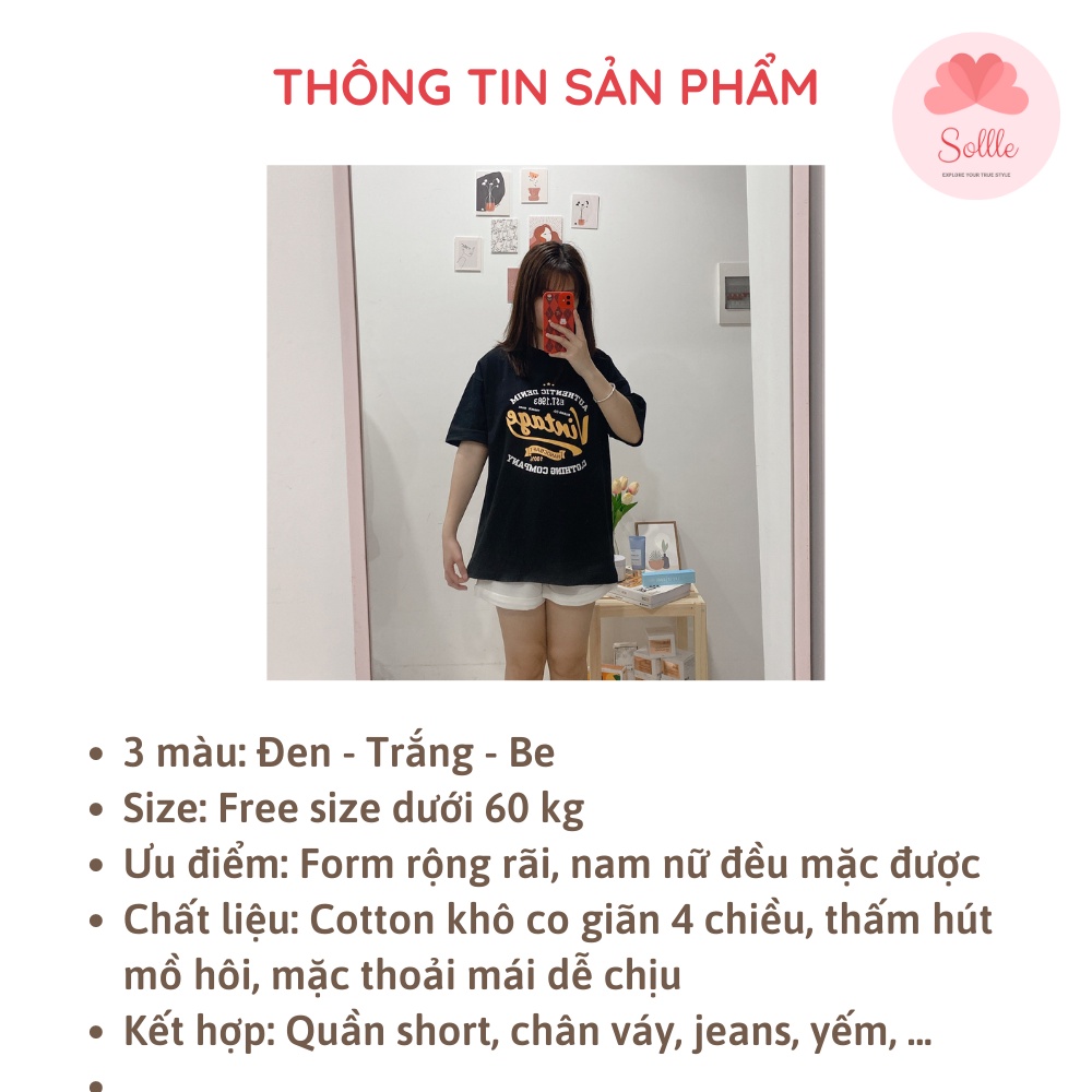 Áo thun ngắn tay Unisex in chữ VINTAGE, áo phông form rộng cotton đẹp Hàn Quốc Sollle