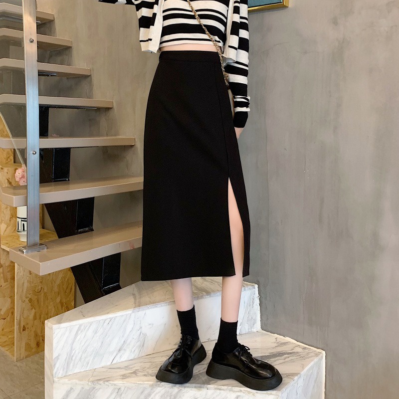 Chân váy dài Chân váy trơn basic mùa thu xẻ tà FIRST DATE phong cách Hàn Quốc