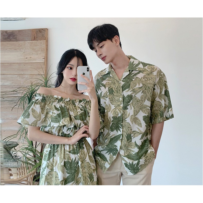 Đồ đôi nam nữ đẹp [FREESHIP] Set đồ đôi váy nữ hở vai áo sơ mi nam cổ V Hàn Quốc couple AV55