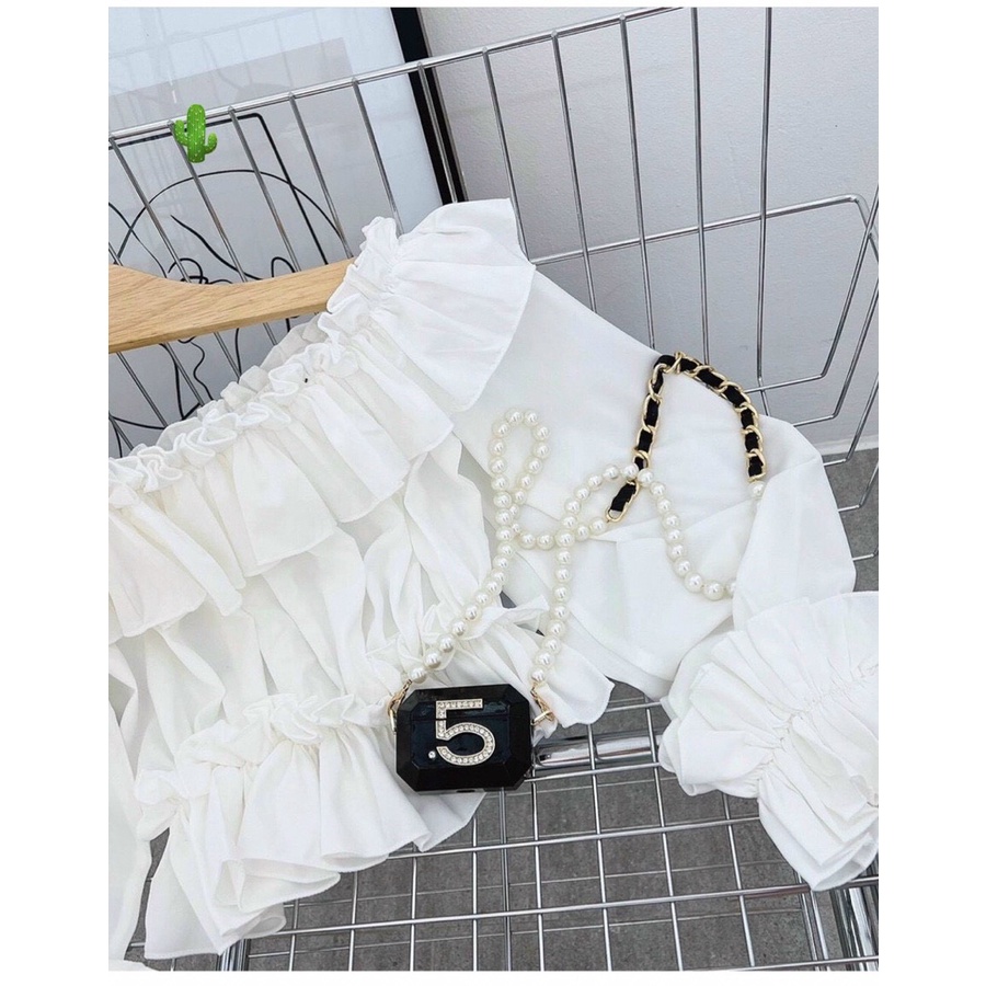 Áo bẹt vai nhún bèo 2 tầng tay phồng dài màu trắng tinh khôi thời trang peplum cổ điển đáng yêu gợi cảm PC