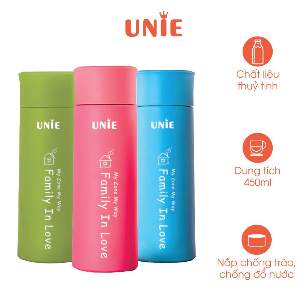 Bình đựng nước giữ nhiệt UNIE UN100 chất liệu thủy tinh bọc nhựa, dung tích 450ml