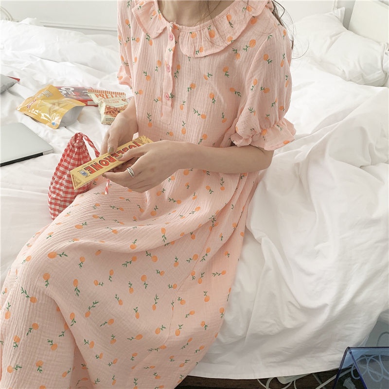 Đồ ngủ Công Chúa Dài Qua Gối Chất Liệu Cotton Phối Lưới Phong Cách Hàn Quốc