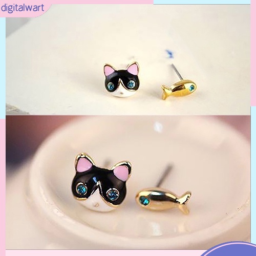 Cặp khuyên tai không đối xứng hình mèo và cá dễ thương nhỏ xinh dành cho nữ