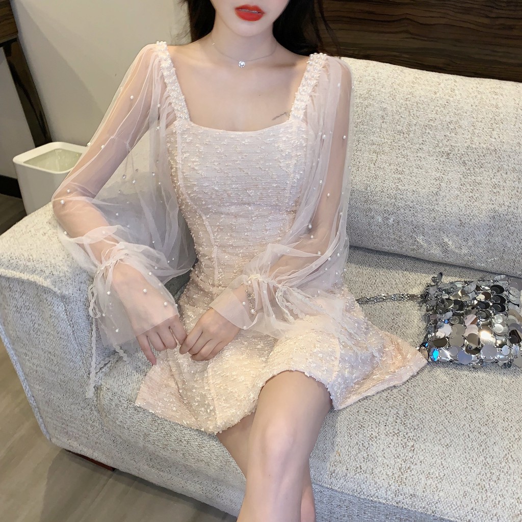 [Sẵn đen-Ảnh thật] Đầm ulzzang tiểu thư cổ vuông đính hạt -u.w | BigBuy360 - bigbuy360.vn