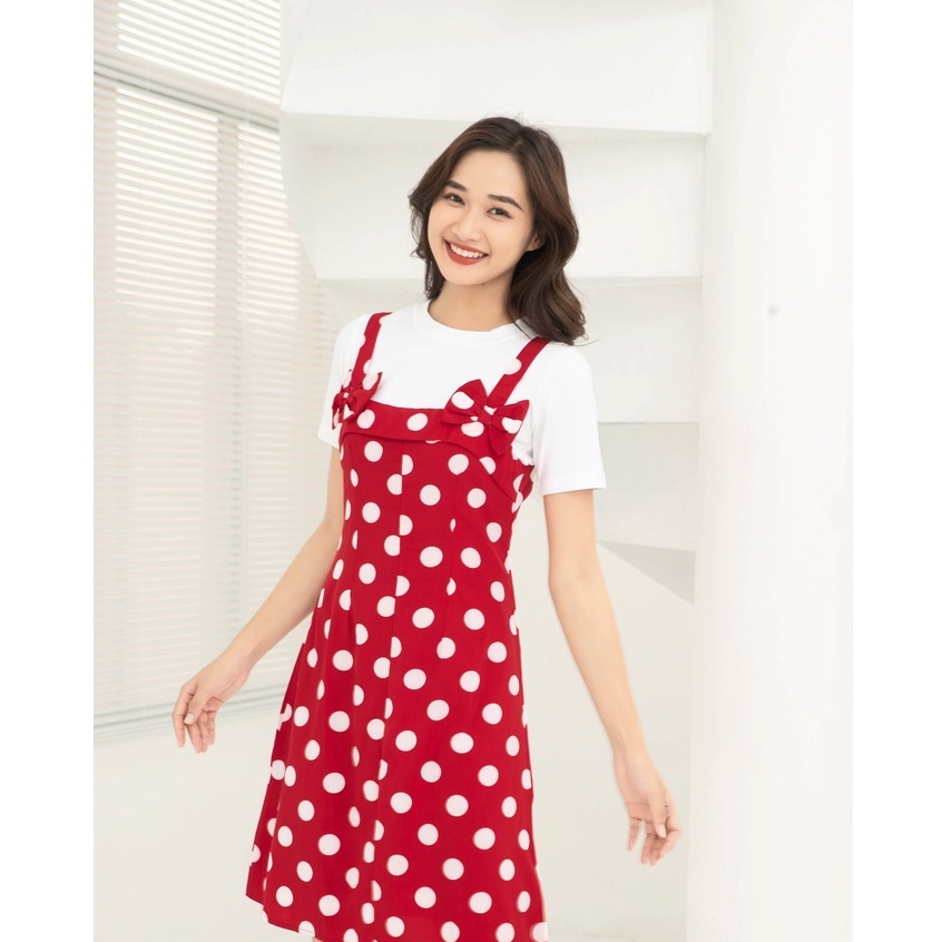 Đầm Nữ NHẬT VY Chấm Bi Phối Nơ Chất Lụa Đi Chơi Dáng Suông Màu Đen, Hồng, Đỏ KHÔNG KÈM ÁO - D1870