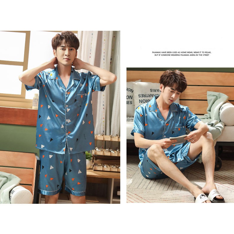 Thoshine Bộ Đồ Ngủ Nam Lụa Satin Mùa Hè Thương Hiệu Áo Thun & Quần Đùi Quần Áo Ngủ Nam In Họa Tiết Đóng Nút Quần Áo Ngủ | BigBuy360 - bigbuy360.vn