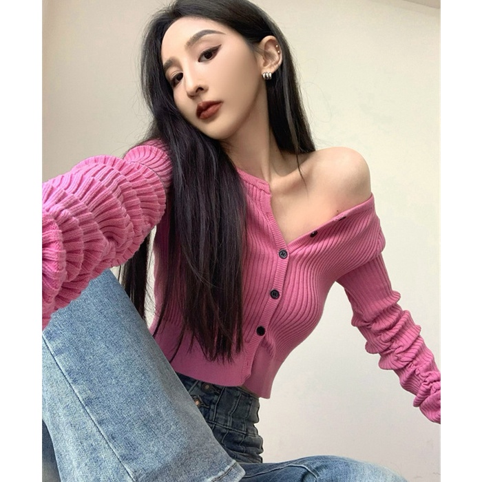 Bộ Áo Dệt Kim Dài Tay + Quần Denim Lưng Cao Thời Trang Dành Cho Nữ