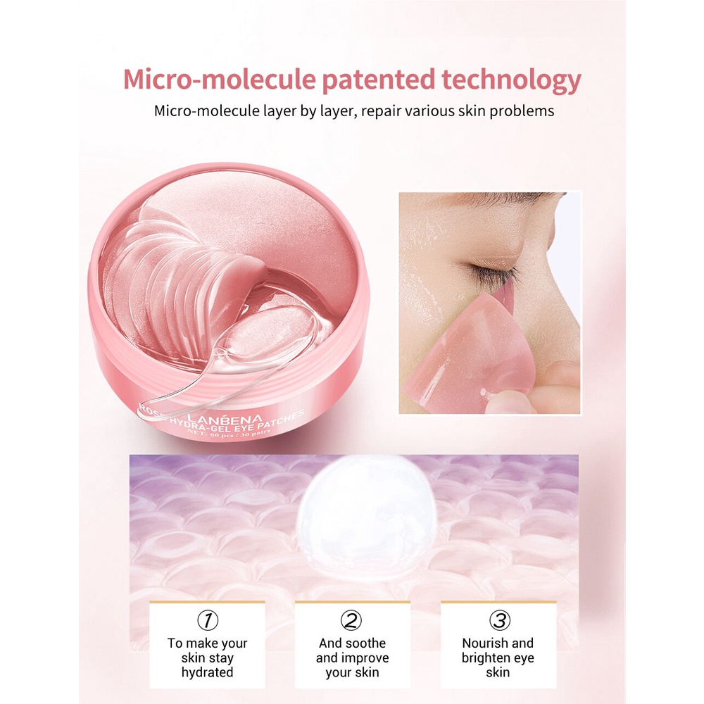 Hộp 60 Mặt Nạ Mắt Lanbena Chiết Xuất Collagen Hoa Hồng Dưỡng Ẩm Làm Sáng Da 80g