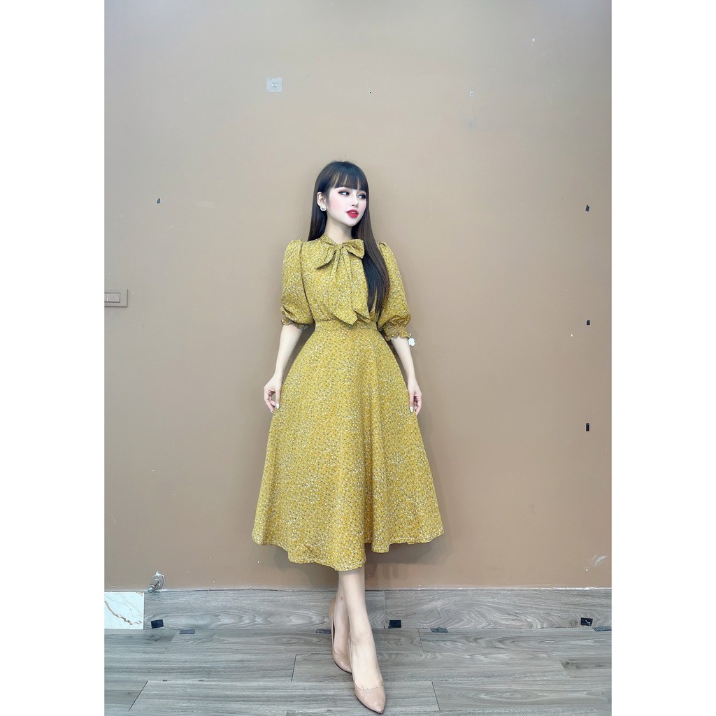 [Mã SKAMA06 giảm 8% tối đa 50K đơn 250K] Live- Váy hoa tay chun cổ buộc nơ -8523 | BigBuy360 - bigbuy360.vn